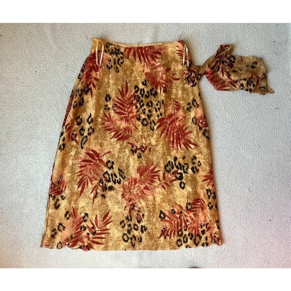 Vintage Y2K Talbots Petites Orange & Brown Silk Midi Skirt Belted Womens 4